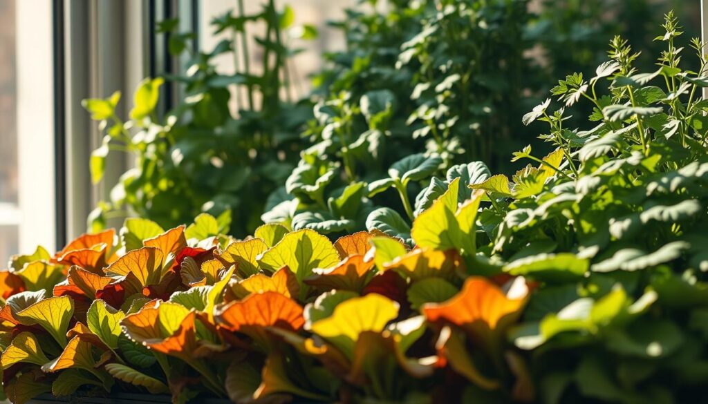 A sun-drenched window box overflowing with lush, vibrant salad greens. In the foreground, rows of tender lettuce leaves, their edges tinged with russet hues, sway gently in the breeze. The middle ground features robust kale plants, their large, glossy leaves casting intricate shadows on the soil below. In the background, a verdant backdrop of thriving herbs - fragrant basil, parsley, and chives - create a verdant oasis. Soft, diffused lighting filters through the window, casting a warm, golden glow over the scene. The composition is shot from a low angle, emphasizing the bountiful, homegrown nature of this urban garden. An atmosphere of health, abundance, and self-sufficiency pervades the image.