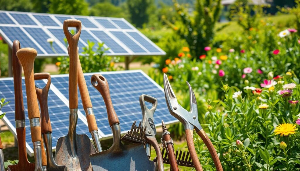 A sustainable garden oasis, tools and energy sources harmoniously coexist. In the foreground, an array of eco-friendly gardening implements - handcrafted shovels, rakes, and pruning shears, their polished metal surfaces gleaming under soft, natural lighting. The middle ground features a solar panel array, its sleek panels capturing the sun's radiant energy to power the garden's machinery. In the background, a lush, thriving landscape, bursting with verdant foliage and colorful blooms, signifying the garden's self-sustaining cycle. The overall atmosphere exudes a sense of balance, where human labor and renewable resources work in perfect synergy to cultivate a regenerative, low-impact oasis. A sustainable garden oasis, tools and energy sources harmoniously coexist. In the foreground, an array of eco-friendly gardening implements - handcrafted shovels, rakes, and pruning shears, their polished metal surfaces gleaming under soft, natural lighting. The middle ground features a solar panel array, its sleek panels capturing the sun's radiant energy to power the garden's machinery. In the background, a lush, thriving landscape, bursting with verdant foliage and colorful blooms, signifying the garden's self-sustaining cycle. The overall atmosphere exudes a sense of balance, where human labor and renewable resources work in perfect synergy to cultivate a regenerative, low-impact oasis.