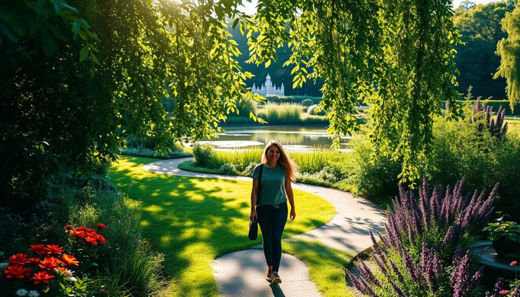 A tranquil garden path winding through lush greenery, sunlight filtering through the leaves, casting a warm glow. In the foreground, a person strolling leisurely, taking in the sights and sounds, their expression serene and grateful. Colorful blooms line the sides, adding pops of vibrant hues. In the distance, a peaceful pond reflects the sky, its surface unruffled. The overall atmosphere is one of calm contemplation, inviting the viewer to embark on their own gratitude walk and connect with the beauty of the natural world. A tranquil garden path winding through lush greenery, sunlight filtering through the leaves, casting a warm glow. In the foreground, a person strolling leisurely, taking in the sights and sounds, their expression serene and grateful. Colorful blooms line the sides, adding pops of vibrant hues. In the distance, a peaceful pond reflects the sky, its surface unruffled. The overall atmosphere is one of calm contemplation, inviting the viewer to embark on their own gratitude walk and connect with the beauty of the natural world.