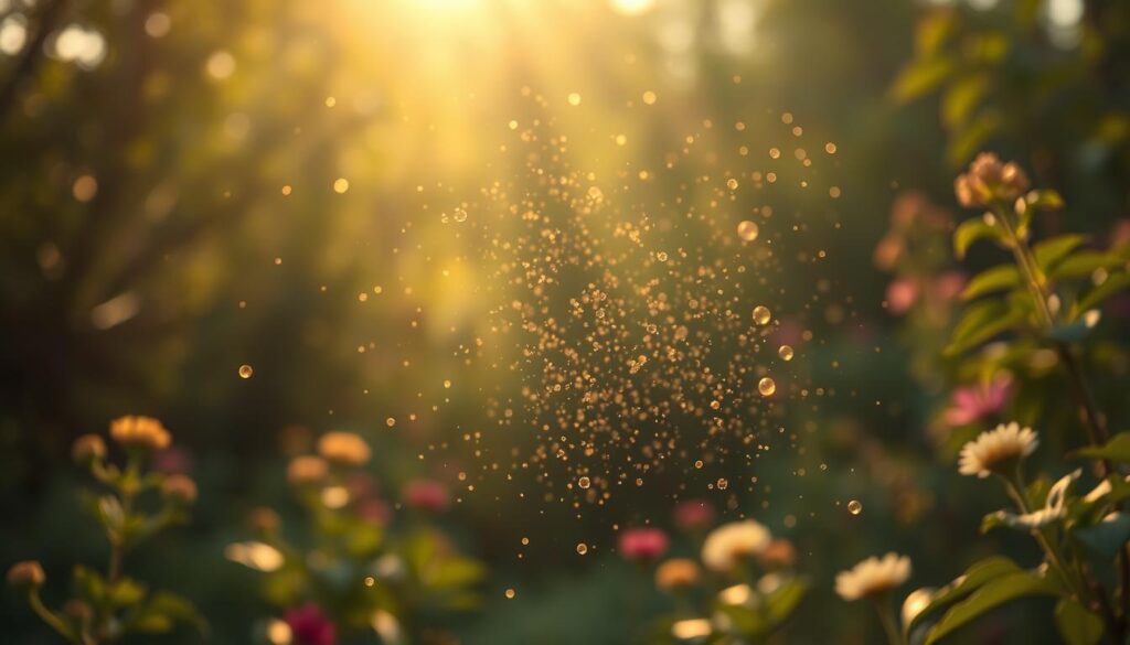 A tranquil garden scene during peak pollen season, with a hazy, golden-hued light filtering through the lush foliage. Delicate pollen particles dance and drift effortlessly through the air, creating a mesmerizing, shimmering effect. The camera captures this ethereal moment from a low angle, emphasizing the serene and atmospheric qualities of the scene. The focus is on the pollen-filled atmosphere, conveying the challenges faced by allergy sufferers during this time of year, as they navigate the beauty and discomfort of nature's seasonal bloom. A tranquil garden scene during peak pollen season, with a hazy, golden-hued light filtering through the lush foliage. Delicate pollen particles dance and drift effortlessly through the air, creating a mesmerizing, shimmering effect. The camera captures this ethereal moment from a low angle, emphasizing the serene and atmospheric qualities of the scene. The focus is on the pollen-filled atmosphere, conveying the challenges faced by allergy sufferers during this time of year, as they navigate the beauty and discomfort of nature's seasonal bloom.