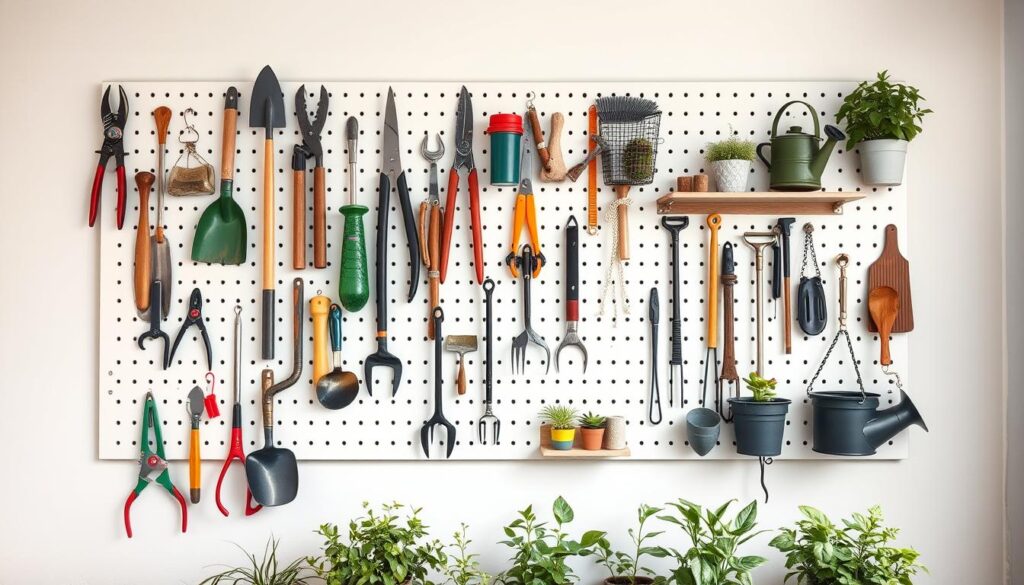 A vertically-oriented storage system mounted on a plain white wall, showcasing a variety of gardening tools and supplies neatly organized. The foreground features a clean, minimalist pegboard with various hooks and shelves holding pruning shears, trowels, watering cans, and other essential gardening implements. The middle ground includes a few potted plants and small decorative accents, creating a sense of lush greenery and natural elements. The lighting is bright and evenly distributed, accentuating the clean lines and tidy arrangement of the storage solution. The overall mood is one of efficiency, organization, and a practical approach to maximizing limited space for the urban gardener. A vertically-oriented storage system mounted on a plain white wall, showcasing a variety of gardening tools and supplies neatly organized. The foreground features a clean, minimalist pegboard with various hooks and shelves holding pruning shears, trowels, watering cans, and other essential gardening implements. The middle ground includes a few potted plants and small decorative accents, creating a sense of lush greenery and natural elements. The lighting is bright and evenly distributed, accentuating the clean lines and tidy arrangement of the storage solution. The overall mood is one of efficiency, organization, and a practical approach to maximizing limited space for the urban gardener.