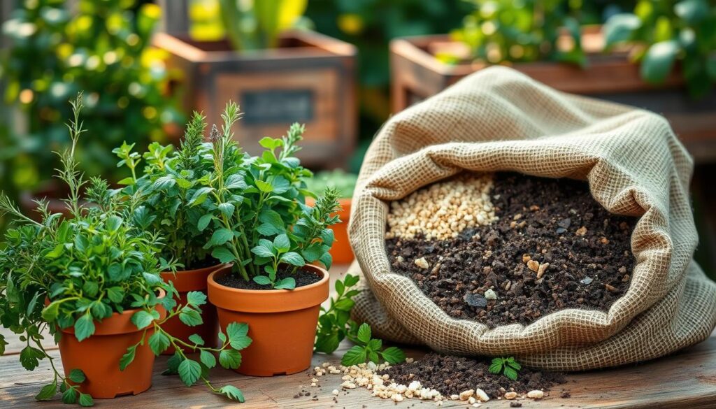 A vibrant and rustic still life showcasing a DIY herb soil mix blend. In the foreground, various fresh herbs like rosemary, thyme, and oregano are neatly arranged in terracotta pots atop a wooden table. The middle ground features an open burlap sack brimming with rich, dark soil and organic amendments like compost and perlite. Soft, natural lighting filters in from the side, casting warm shadows and highlighting the textures of the materials. The background suggests a cozy garden setting, with lush greenery and hints of wooden planters or garden beds. The overall composition exudes a sense of homemade, earthy authenticity perfect for an article on creating custom herb soil mixes. A vibrant and rustic still life showcasing a DIY herb soil mix blend. In the foreground, various fresh herbs like rosemary, thyme, and oregano are neatly arranged in terracotta pots atop a wooden table. The middle ground features an open burlap sack brimming with rich, dark soil and organic amendments like compost and perlite. Soft, natural lighting filters in from the side, casting warm shadows and highlighting the textures of the materials. The background suggests a cozy garden setting, with lush greenery and hints of wooden planters or garden beds. The overall composition exudes a sense of homemade, earthy authenticity perfect for an article on creating custom herb soil mixes.