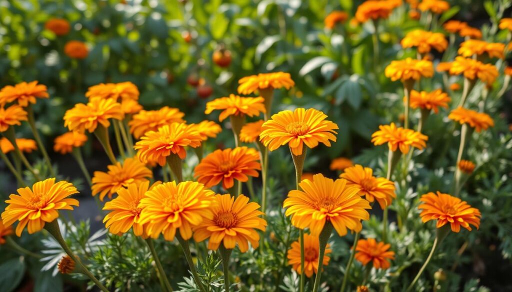 A vibrant array of French marigolds, their delicate petals radiating in warm hues of yellow, orange, and red. The flowers are captured in a soft, natural light, their stems reaching towards the sun against a background of lush green foliage. The composition places the marigolds in the foreground, allowing their intricate details to take center stage, while the middle ground hints at their companion plants, perhaps tomato vines or other garden companions. The overall atmosphere exudes a sense of tranquility and the beauty of a well-tended, bountiful garden. A vibrant array of French marigolds, their delicate petals radiating in warm hues of yellow, orange, and red. The flowers are captured in a soft, natural light, their stems reaching towards the sun against a background of lush green foliage. The composition places the marigolds in the foreground, allowing their intricate details to take center stage, while the middle ground hints at their companion plants, perhaps tomato vines or other garden companions. The overall atmosphere exudes a sense of tranquility and the beauty of a well-tended, bountiful garden.