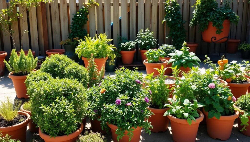 A vibrant array of lush, verdant vegetable containers in a warm, sun-dappled garden setting. In the foreground, an assortment of compact, bushy plant varieties flourishing in terracotta pots, their foliage and flowers cascading over the rims. The middle ground showcases larger planters brimming with thriving greens, tomatoes, and other space-saving produce. In the background, a picturesque wooden fence frames the scene, casting gentle shadows across the patio. The overall atmosphere exudes a sense of bountiful, productive contentment - a celebration of the versatility and productivity of container gardening. A vibrant array of lush, verdant vegetable containers in a warm, sun-dappled garden setting. In the foreground, an assortment of compact, bushy plant varieties flourishing in terracotta pots, their foliage and flowers cascading over the rims. The middle ground showcases larger planters brimming with thriving greens, tomatoes, and other space-saving produce. In the background, a picturesque wooden fence frames the scene, casting gentle shadows across the patio. The overall atmosphere exudes a sense of bountiful, productive contentment - a celebration of the versatility and productivity of container gardening.