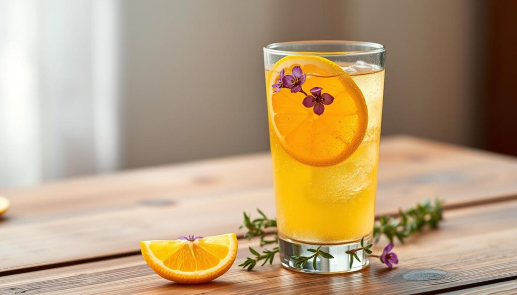 A vibrant citrus cocktail, garnished with delicate edible flowers, sits atop a wooden table. In the foreground, a glass filled with a golden, bubbly liquid, accented by thin slices of lemon and orange. The middle ground features a sprig of fresh thyme, its verdant leaves complementing the citrus notes. The background showcases a soft, diffused light, creating a warm, inviting atmosphere. The overall composition exudes a sense of balance, with the floral elements adding a touch of elegance and sophistication to the classic citrus-forward drink.