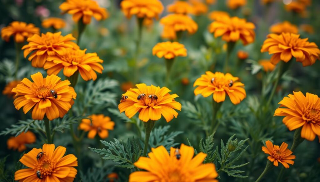 A vibrant close-up of marigolds in a lush garden, their bright orange petals contrasting beautifully with the deep green leaves. In the foreground, several beneficial insects such as ladybugs and lacewings crawl and hover around the flowers, their presence signaling the natural pest-deterring properties of marigolds. The middle ground features a soft, hazy background with hints of other plants and greenery, creating a sense of depth. Warm, diffused lighting illuminates the scene, casting a gentle glow and emphasizing the intricate details of the flowers and insects. The overall mood is one of natural harmony, showcasing the symbiotic relationship between marigolds, beneficial insects, and pest management in the garden. A vibrant close-up of marigolds in a lush garden, their bright orange petals contrasting beautifully with the deep green leaves. In the foreground, several beneficial insects such as ladybugs and lacewings crawl and hover around the flowers, their presence signaling the natural pest-deterring properties of marigolds. The middle ground features a soft, hazy background with hints of other plants and greenery, creating a sense of depth. Warm, diffused lighting illuminates the scene, casting a gentle glow and emphasizing the intricate details of the flowers and insects. The overall mood is one of natural harmony, showcasing the symbiotic relationship between marigolds, beneficial insects, and pest management in the garden.