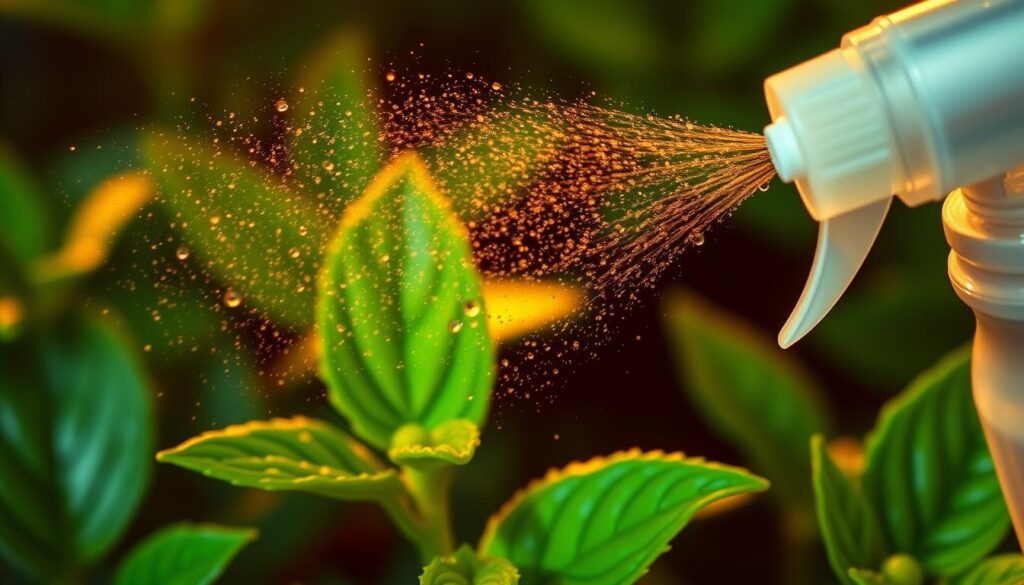 A vibrant, close-up shot of a lush green plant being gently misted with a fine, misty spray. The spray emerges from a sleek, minimalist spray bottle, its nozzle angled precisely to create a delicate, evenly distributed mist. The droplets catch the warm, soft lighting, sparkling and refracting in a mesmerizing display. The plant's leaves are crisp and verdant, their surfaces beaded with the refreshing moisture. The background is blurred, keeping the focus solely on the plant and the revitalizing spray. An aura of natural, organic wellness radiates from the scene, inviting the viewer to experience the rejuvenating power of this non-toxic, homemade pest control solution. A vibrant, close-up shot of a lush green plant being gently misted with a fine, misty spray. The spray emerges from a sleek, minimalist spray bottle, its nozzle angled precisely to create a delicate, evenly distributed mist. The droplets catch the warm, soft lighting, sparkling and refracting in a mesmerizing display. The plant's leaves are crisp and verdant, their surfaces beaded with the refreshing moisture. The background is blurred, keeping the focus solely on the plant and the revitalizing spray. An aura of natural, organic wellness radiates from the scene, inviting the viewer to experience the rejuvenating power of this non-toxic, homemade pest control solution.