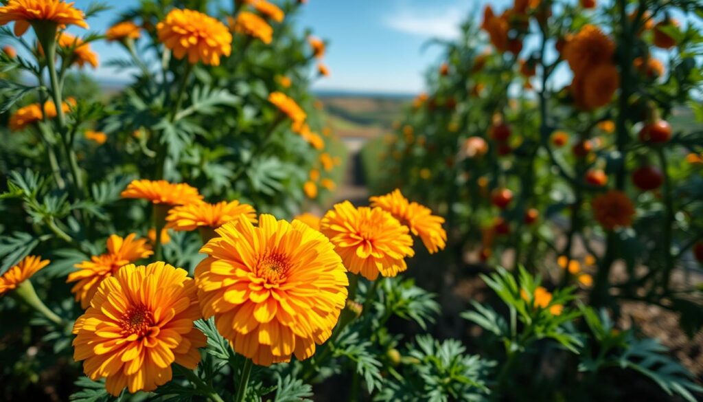 A vibrant cluster of French marigolds blooming in a lush, sun-dappled garden. The foreground features the flowers in vivid detail, their delicate petals radiating a warm, golden hue. The middle ground showcases the marigolds intertwined with the verdant foliage of nearby tomato plants, creating a harmonious and natural composition. The background subtly blurs into a soft, atmospheric landscape, with hints of a clear blue sky peeking through. The lighting is soft and diffused, casting gentle shadows and highlighting the flowers' intricate textures. Captured with a wide-angle lens, the image conveys a sense of depth and a welcoming, inviting ambiance, as if the viewer could step right into the garden. A vibrant cluster of French marigolds blooming in a lush, sun-dappled garden. The foreground features the flowers in vivid detail, their delicate petals radiating a warm, golden hue. The middle ground showcases the marigolds intertwined with the verdant foliage of nearby tomato plants, creating a harmonious and natural composition. The background subtly blurs into a soft, atmospheric landscape, with hints of a clear blue sky peeking through. The lighting is soft and diffused, casting gentle shadows and highlighting the flowers' intricate textures. Captured with a wide-angle lens, the image conveys a sense of depth and a welcoming, inviting ambiance, as if the viewer could step right into the garden.