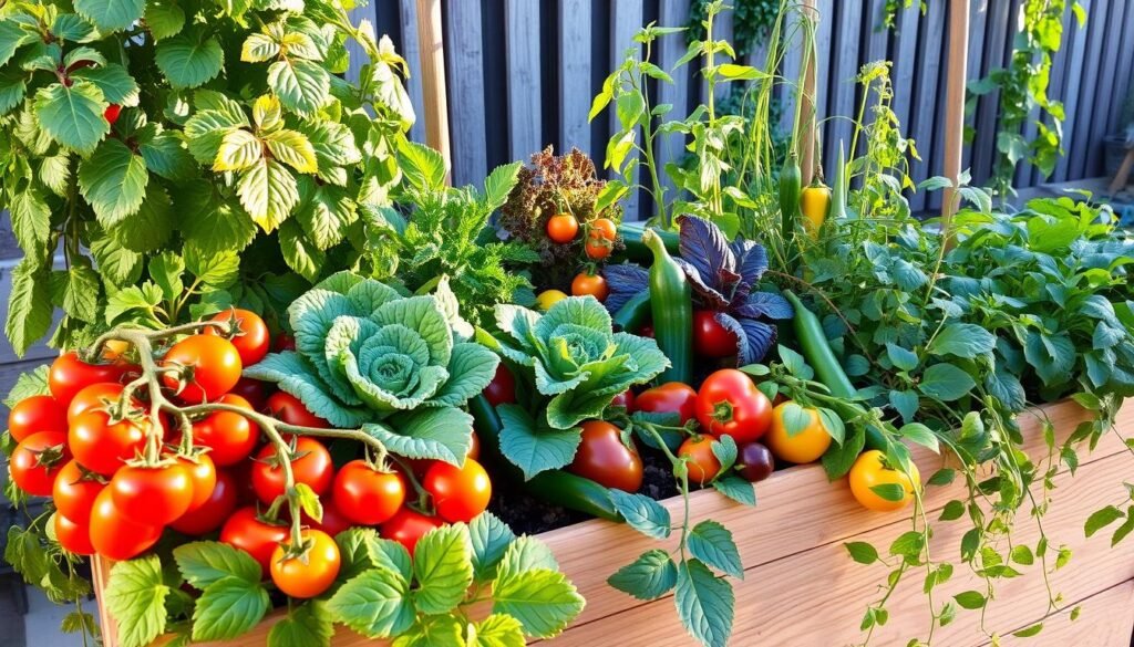 A vibrant container garden in a cozy outdoor setting, showcasing a variety of seasonal vegetables and herbs. In the foreground, lush tomato plants cascade over the edges of a wooden planter box, their ripening fruit glowing in warm afternoon sunlight. Beside them, a cluster of bushy kale and chard plants add pops of deep green. The middle ground features a mix of container-friendly vegetables like compact zucchini, bell peppers, and trailing bean vines, all thriving in a well-curated arrangement. In the background, a rustic fence or trellis frames the scene, hinting at a larger garden space beyond. The overall mood is one of abundance and harmony, capturing the joys of seasonal container gardening. A vibrant container garden in a cozy outdoor setting, showcasing a variety of seasonal vegetables and herbs. In the foreground, lush tomato plants cascade over the edges of a wooden planter box, their ripening fruit glowing in warm afternoon sunlight. Beside them, a cluster of bushy kale and chard plants add pops of deep green. The middle ground features a mix of container-friendly vegetables like compact zucchini, bell peppers, and trailing bean vines, all thriving in a well-curated arrangement. In the background, a rustic fence or trellis frames the scene, hinting at a larger garden space beyond. The overall mood is one of abundance and harmony, capturing the joys of seasonal container gardening.
