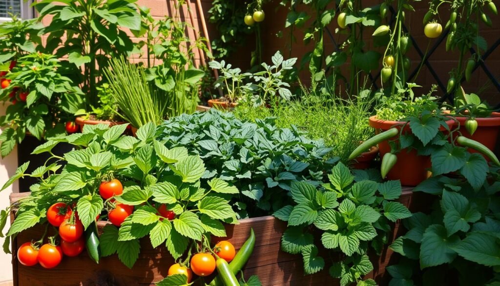 A vibrant container garden on a sun-dappled patio, overflowing with lush foliage and ripe, colorful vegetables. In the foreground, a mix of bush tomato plants, compact zucchini, and trailing vines of cucumbers spill over the edges of a reclaimed wooden planter. The middle ground features a variety of compact leafy greens and herbs in terracotta pots, creating a rich, textural tapestry. In the background, a trellis supports climbing beans and peas, casting dynamic shadows across the scene. The lighting is warm and natural, with soft highlights accentuating the garden's verdant abundance. The overall mood is one of abundance, productivity, and the joyful triumph of urban gardening. A vibrant container garden on a sun-dappled patio, overflowing with lush foliage and ripe, colorful vegetables. In the foreground, a mix of bush tomato plants, compact zucchini, and trailing vines of cucumbers spill over the edges of a reclaimed wooden planter. The middle ground features a variety of compact leafy greens and herbs in terracotta pots, creating a rich, textural tapestry. In the background, a trellis supports climbing beans and peas, casting dynamic shadows across the scene. The lighting is warm and natural, with soft highlights accentuating the garden's verdant abundance. The overall mood is one of abundance, productivity, and the joyful triumph of urban gardening.