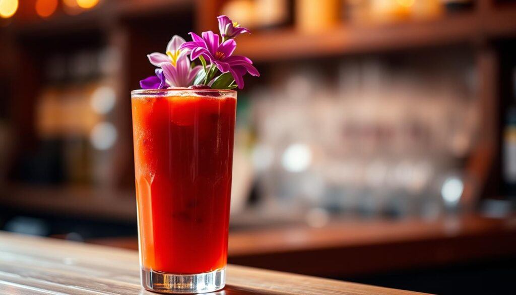 A vibrant, expertly crafted Bloody Mary stands atop a wooden bar, garnished with a delicate arrangement of fresh, edible flowers. The drink's deep crimson hue is complemented by the vivid petals, their colors ranging from delicate pinks to rich purples. Soft, even lighting casts a warm glow, highlighting the drink's texture and the intricate details of the floral adornments. The scene conveys a sense of refinement and sophistication, elevating the classic cocktail into a visually stunning and sensory experience. The overall atmosphere is one of elevated mixology, where thoughtful presentation and high-quality ingredients come together to create a captivating and memorable drink.