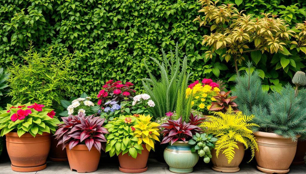 A vibrant four-season container garden set against a lush, nature-inspired backdrop. In the foreground, an array of potted plants in various stages of growth - lush, verdant foliage in spring, colorful blooms in summer, striking autumn hues, and evergreen accents for winter. The containers are arranged in a harmonious composition, showcasing a clever mix of cool-season and warm-season selections suited for different climate zones. Soft, diffused lighting illuminates the scene, casting gentle shadows and highlighting the textural details of the plants. The overall mood is one of serene, natural beauty, inviting the viewer to imagine the sights and scents of a thriving, year-round container garden. A vibrant four-season container garden set against a lush, nature-inspired backdrop. In the foreground, an array of potted plants in various stages of growth - lush, verdant foliage in spring, colorful blooms in summer, striking autumn hues, and evergreen accents for winter. The containers are arranged in a harmonious composition, showcasing a clever mix of cool-season and warm-season selections suited for different climate zones. Soft, diffused lighting illuminates the scene, casting gentle shadows and highlighting the textural details of the plants. The overall mood is one of serene, natural beauty, inviting the viewer to imagine the sights and scents of a thriving, year-round container garden.