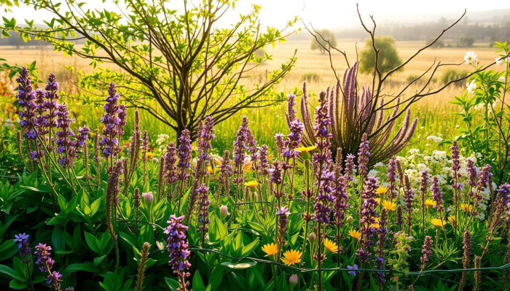 A vibrant garden bursting with native biodiversity. Lush green foliage in the foreground, with a variety of flowering plants in shades of purple, yellow, and white. A diverse mix of textures, from delicate petals to sturdy stems. In the middle ground, a cluster of shrubs and small trees, their branches intertwining to create a sense of depth and layering. The background features a glimpse of a natural landscape, perhaps a meadow or woodland, bathed in warm, diffused sunlight that casts a soft glow over the entire scene. The overall impression is one of harmony, balance, and the thriving interconnectedness of a sustainable ecosystem. A vibrant garden bursting with native biodiversity. Lush green foliage in the foreground, with a variety of flowering plants in shades of purple, yellow, and white. A diverse mix of textures, from delicate petals to sturdy stems. In the middle ground, a cluster of shrubs and small trees, their branches intertwining to create a sense of depth and layering. The background features a glimpse of a natural landscape, perhaps a meadow or woodland, bathed in warm, diffused sunlight that casts a soft glow over the entire scene. The overall impression is one of harmony, balance, and the thriving interconnectedness of a sustainable ecosystem.