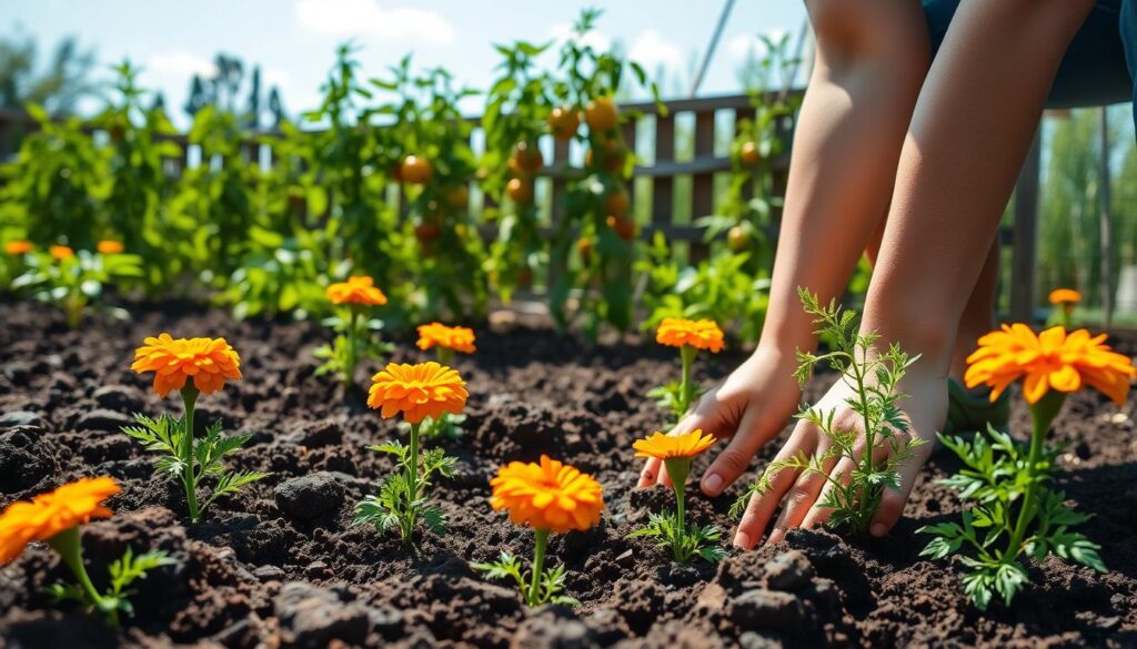 A vibrant garden scene, a sunlit day with soft, natural lighting. In the foreground, a pair of hands carefully planting marigold seedlings into the soil, their vivid orange petals contrasting beautifully with the rich, dark earth. The marigolds are evenly spaced, creating a visually appealing pattern. In the middle ground, lush tomato plants stand tall, their green foliage providing a verdant backdrop. The tomato vines are intertwined with the marigolds, suggesting a harmonious, companion planting arrangement. In the background, a wooden fence or trellis provides a rustic, earthy element, while a clear blue sky overhead completes the idyllic, countryside setting. The overall scene conveys a sense of tranquility, productivity, and the joys of organic gardening. A vibrant garden scene, a sunlit day with soft, natural lighting. In the foreground, a pair of hands carefully planting marigold seedlings into the soil, their vivid orange petals contrasting beautifully with the rich, dark earth. The marigolds are evenly spaced, creating a visually appealing pattern. In the middle ground, lush tomato plants stand tall, their green foliage providing a verdant backdrop. The tomato vines are intertwined with the marigolds, suggesting a harmonious, companion planting arrangement. In the background, a wooden fence or trellis provides a rustic, earthy element, while a clear blue sky overhead completes the idyllic, countryside setting. The overall scene conveys a sense of tranquility, productivity, and the joys of organic gardening.