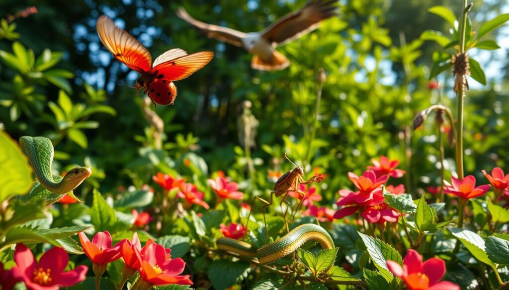 A vibrant garden scene, alive with the natural predators that help maintain balance. In the foreground, a graceful ladybug takes flight, her vivid red wings contrasting against the lush, verdant foliage. Nearby, a garter snake slithers through the undergrowth, its emerald scales shimmering in the dappled sunlight. In the middle ground, a praying mantis poised, its sharp forelegs ready to strike. In the background, a hawk soars overhead, casting a watchful eye over the entire scene. The atmosphere is one of tranquility and harmony, a testament to the power of nature's own pest control mechanisms. Detailed, cinematic lighting and a wide-angle lens capture the lush, immersive garden environment. A vibrant garden scene, alive with the natural predators that help maintain balance. In the foreground, a graceful ladybug takes flight, her vivid red wings contrasting against the lush, verdant foliage. Nearby, a garter snake slithers through the undergrowth, its emerald scales shimmering in the dappled sunlight. In the middle ground, a praying mantis poised, its sharp forelegs ready to strike. In the background, a hawk soars overhead, casting a watchful eye over the entire scene. The atmosphere is one of tranquility and harmony, a testament to the power of nature's own pest control mechanisms. Detailed, cinematic lighting and a wide-angle lens capture the lush, immersive garden environment.