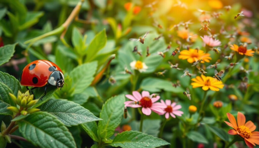 A vibrant garden scene, showcasing a diverse array of beneficial insects in their natural habitats. In the foreground, a close-up view of a ladybug, its bright red shell and black spots standing out against lush, verdant foliage. In the middle ground, a praying mantis poised to strike, its alert stance capturing its predatory nature. In the background, a swarm of lacewings and hoverflies hovering around a variety of blooming flowers, their translucent wings glimmering in the warm, diffused sunlight. The composition is balanced, with a sense of depth and movement, creating an inviting and harmonious atmosphere that celebrates the vital role of these garden allies in maintaining a healthy, pesticide-free ecosystem. A vibrant garden scene, showcasing a diverse array of beneficial insects in their natural habitats. In the foreground, a close-up view of a ladybug, its bright red shell and black spots standing out against lush, verdant foliage. In the middle ground, a praying mantis poised to strike, its alert stance capturing its predatory nature. In the background, a swarm of lacewings and hoverflies hovering around a variety of blooming flowers, their translucent wings glimmering in the warm, diffused sunlight. The composition is balanced, with a sense of depth and movement, creating an inviting and harmonious atmosphere that celebrates the vital role of these garden allies in maintaining a healthy, pesticide-free ecosystem.