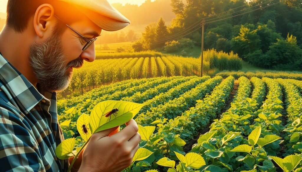 A vibrant, meticulously detailed illustration showcasing the principles of integrated pest management. In the foreground, a farmer examines a plant leaf, observing beneficial insects at work. In the middle ground, diverse crops are arranged in a well-planned rotation, their lush foliage and healthy growth a testament to the holistic approach. The background depicts a verdant, biodiverse landscape, with natural predators and habitats working in harmony to maintain ecological balance. Warm, golden lighting filters through the scene, creating a sense of organic, sustainable progress. Captured with a wide-angle lens to convey the interconnectedness of the system, the image celebrates the power of IPM as the backbone of safer, more resilient pest management. A vibrant, meticulously detailed illustration showcasing the principles of integrated pest management. In the foreground, a farmer examines a plant leaf, observing beneficial insects at work. In the middle ground, diverse crops are arranged in a well-planned rotation, their lush foliage and healthy growth a testament to the holistic approach. The background depicts a verdant, biodiverse landscape, with natural predators and habitats working in harmony to maintain ecological balance. Warm, golden lighting filters through the scene, creating a sense of organic, sustainable progress. Captured with a wide-angle lens to convey the interconnectedness of the system, the image celebrates the power of IPM as the backbone of safer, more resilient pest management.