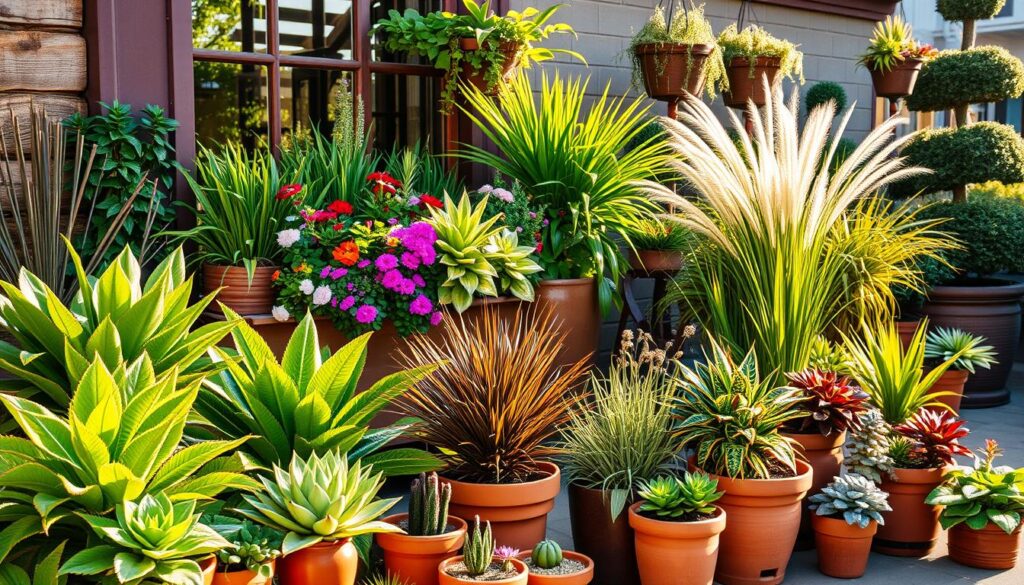 A vibrant patio garden scene showcasing a variety of ready-to-plant container plants. In the foreground, an assortment of lush, verdant houseplants and succulents nestled in stylish terracotta pots and planters. The middle ground features an artful arrangement of flowering annuals and ornamental grasses spilling over the edges of wooden window boxes. In the background, a collection of larger, statement-making container trees and shrubs creates a sense of depth and maturity. The lighting is warm and golden, casting a soft, inviting glow over the scene. The composition is balanced and visually striking, capturing the essence of a professional-grade container garden design. A vibrant patio garden scene showcasing a variety of ready-to-plant container plants. In the foreground, an assortment of lush, verdant houseplants and succulents nestled in stylish terracotta pots and planters. The middle ground features an artful arrangement of flowering annuals and ornamental grasses spilling over the edges of wooden window boxes. In the background, a collection of larger, statement-making container trees and shrubs creates a sense of depth and maturity. The lighting is warm and golden, casting a soft, inviting glow over the scene. The composition is balanced and visually striking, capturing the essence of a professional-grade container garden design.