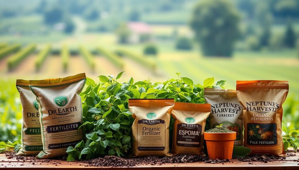 A vibrant, richly textured still life showcasing an assortment of organic fertilizers in a warm, natural setting. In the foreground, various bags and containers of Dr. Earth, Espoma, and Neptune's Harvest fertilizers are neatly arranged, their earthy hues and rustic packaging reflecting the premium quality of their contents. The middle ground features lush, verdant foliage, creating a sense of abundant growth and nourishment. In the background, a softly blurred natural landscape, perhaps a garden or farmland, suggests the origins and intended applications of these sustainable soil amendments. Lighting is gentle and diffuse, lending a sense of artisanal craftsmanship to the scene. The overall composition conveys a balanced, harmonious aesthetic that complements the article's focus on top organic fertilizer brands. A vibrant, richly textured still life showcasing an assortment of organic fertilizers in a warm, natural setting. In the foreground, various bags and containers of Dr. Earth, Espoma, and Neptune's Harvest fertilizers are neatly arranged, their earthy hues and rustic packaging reflecting the premium quality of their contents. The middle ground features lush, verdant foliage, creating a sense of abundant growth and nourishment. In the background, a softly blurred natural landscape, perhaps a garden or farmland, suggests the origins and intended applications of these sustainable soil amendments. Lighting is gentle and diffuse, lending a sense of artisanal craftsmanship to the scene. The overall composition conveys a balanced, harmonious aesthetic that complements the article's focus on top organic fertilizer brands.