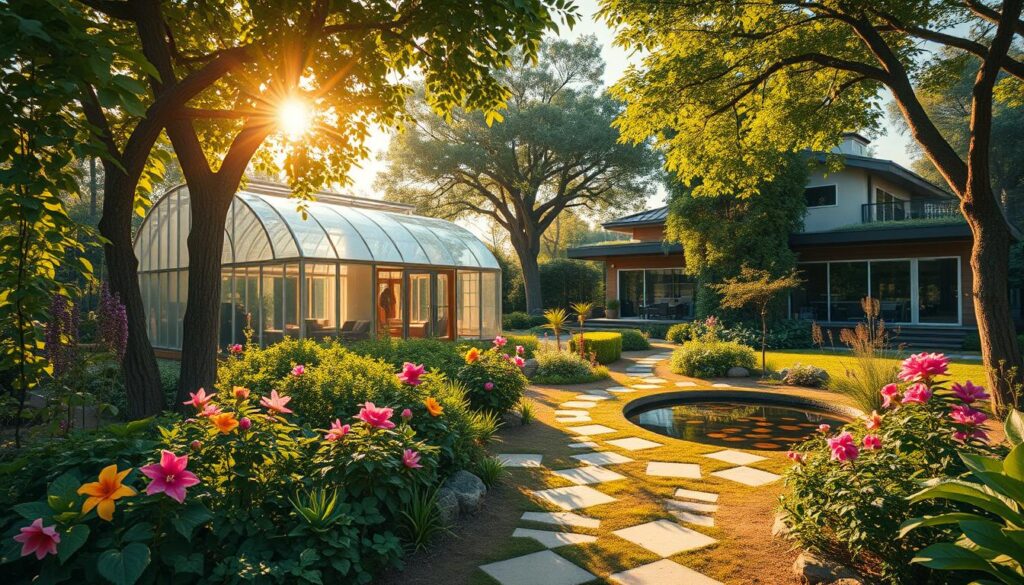 A vibrant solarpunk garden, bathed in warm, golden sunlight. In the foreground, a lush array of native flora - flowering vines, carefully pruned shrubs, and towering trees with verdant canopies. The middle ground features a sleek, solar-paneled greenhouse, its glass walls reflecting the surrounding greenery. In the background, a modern, energy-efficient home with a living roof and solar-powered smart appliances. Geometric pathways of recycled materials wind through the scene, leading to a small pond teeming with aquatic life. The overall mood is one of harmonious coexistence, where technology and nature seamlessly blend, offering a glimpse of a sustainable, eco-conscious future.