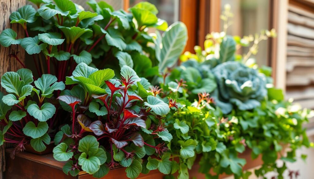 A vibrant window box overflows with lush, emerald-hued salad greens, their leaves gently swaying in the soft, natural light. In the foreground, tender baby lettuces, ruby-red stems of Swiss chard, and feathery fronds of arugula cascade over the edge, beckoning to be harvested. In the middle ground, mature spinach and kale plants stand tall, their broad, nutrient-dense leaves shimmering. The background frames the scene with a rustic, weathered wooden windowsill, complementing the earthy, abundant greenery. The overall mood is one of abundance, vitality, and the deep satisfaction of growing your own nourishing, seasonal produce right at home.