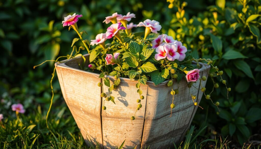 A weathered, rustic garden container sits amidst lush greenery, its aged wood and metal patina catching the warm, golden light of the afternoon sun. The planter's irregular shape and imperfections create an organic, charming aesthetic, complementing the vibrant blooms and trailing vines spilling over its edges. The scene is framed by a soft, blurred background of verdant foliage, hinting at the larger garden setting. The overall mood is one of effortless beauty and simple, natural elegance - a hidden gem plucked from the roadside, now thriving as a garden centerpiece. A weathered, rustic garden container sits amidst lush greenery, its aged wood and metal patina catching the warm, golden light of the afternoon sun. The planter's irregular shape and imperfections create an organic, charming aesthetic, complementing the vibrant blooms and trailing vines spilling over its edges. The scene is framed by a soft, blurred background of verdant foliage, hinting at the larger garden setting. The overall mood is one of effortless beauty and simple, natural elegance - a hidden gem plucked from the roadside, now thriving as a garden centerpiece.