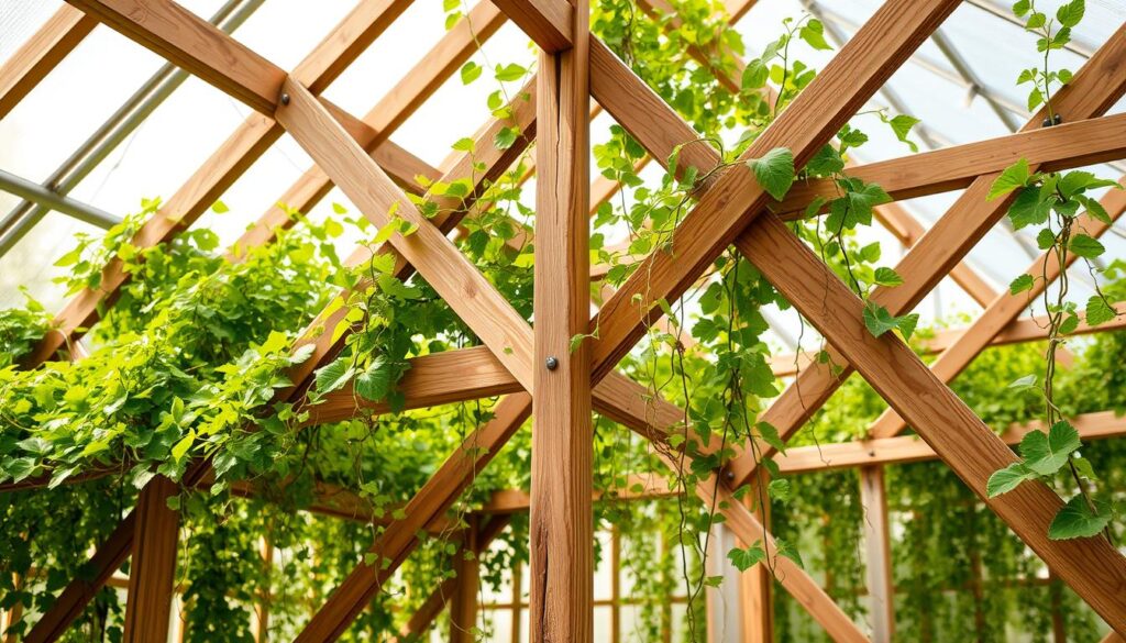 A well-crafted trellis system supports lush, trailing greenhouse vines in a warm, natural scene. Sturdy wooden beams and cross-braces create a dynamic lattice against a backdrop of verdant foliage. Delicate tendrils twine gracefully around the structure, catching the soft, diffused light that filters through the greenhouse's glass panes. The trellis' intricate geometric pattern casts gentle shadows, adding depth and dimension to the verdant, thriving scene. The overall composition emphasizes the harmonious collaboration between the man-made trellis and the living, organic vines it nurtures - a testament to the importance of thoughtful greenhouse design. A well-crafted trellis system supports lush, trailing greenhouse vines in a warm, natural scene. Sturdy wooden beams and cross-braces create a dynamic lattice against a backdrop of verdant foliage. Delicate tendrils twine gracefully around the structure, catching the soft, diffused light that filters through the greenhouse's glass panes. The trellis' intricate geometric pattern casts gentle shadows, adding depth and dimension to the verdant, thriving scene. The overall composition emphasizes the harmonious collaboration between the man-made trellis and the living, organic vines it nurtures - a testament to the importance of thoughtful greenhouse design.
