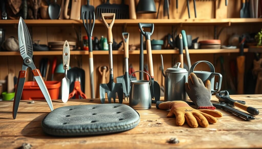A well-curated selection of essential gardening tools arranged neatly on a wooden workbench. In the foreground, a sturdy pair of pruning shears, a sharp trowel, and a comfortable kneeling pad stand ready for use. In the middle ground, a hoe, a hand cultivator, and a small watering can sit alongside a pair of ergonomic gloves, all bathed in soft, natural lighting. In the background, shelves hold various other tools - shovels, rakes, and clippers - creating a sense of organization and efficiency. The overall scene conveys a feeling of ease and functionality, reflecting the need for tools that support good posture and hand comfort during extended gardening sessions.