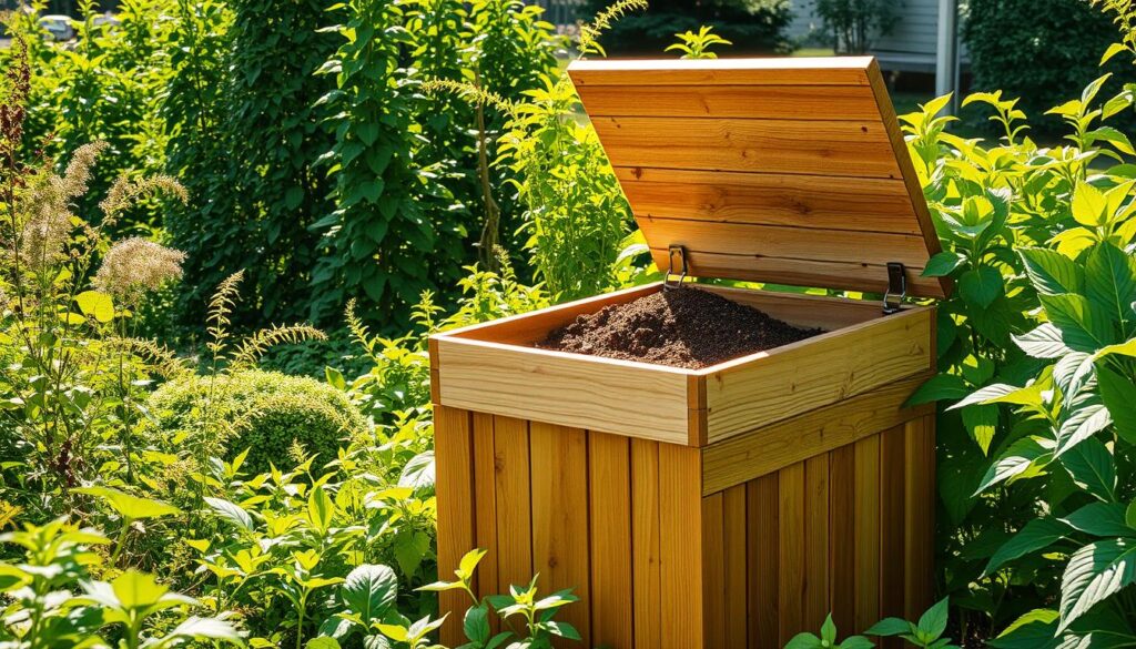 A well-designed, eco-friendly compost bin standing prominently in a lush, flourishing garden. The bin is made of weathered cedar wood, its natural texture and warm tones complementing the verdant surroundings. Soil-enriching compost spills out of the open top, inviting closer inspection. Sunlight filters through the canopy of vibrant, healthy plants, casting a soft, natural glow on the scene. The overall impression is one of sustainable, productive gardening practices that nurture the soil and support thriving plant life. A well-designed, eco-friendly compost bin standing prominently in a lush, flourishing garden. The bin is made of weathered cedar wood, its natural texture and warm tones complementing the verdant surroundings. Soil-enriching compost spills out of the open top, inviting closer inspection. Sunlight filters through the canopy of vibrant, healthy plants, casting a soft, natural glow on the scene. The overall impression is one of sustainable, productive gardening practices that nurture the soil and support thriving plant life.