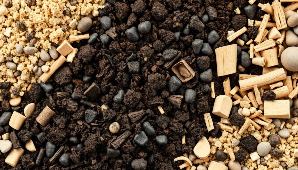 A well-lit close-up shot of a mixture of dark, rich potting soil and natural drainage materials like small pebbles, coarse sand, and woodchips. The layered textures and earthy tones create a visually appealing and informative composition, highlighting the essential elements for building a strong foundation for a kitchen window box garden. Soft, diffused lighting gently illuminates the scene, emphasizing the organic, natural aesthetic. The image conveys a sense of care and attention to detail in the soil preparation process, reflecting the importance of this step for a thriving, self-sustaining salad greens planter.