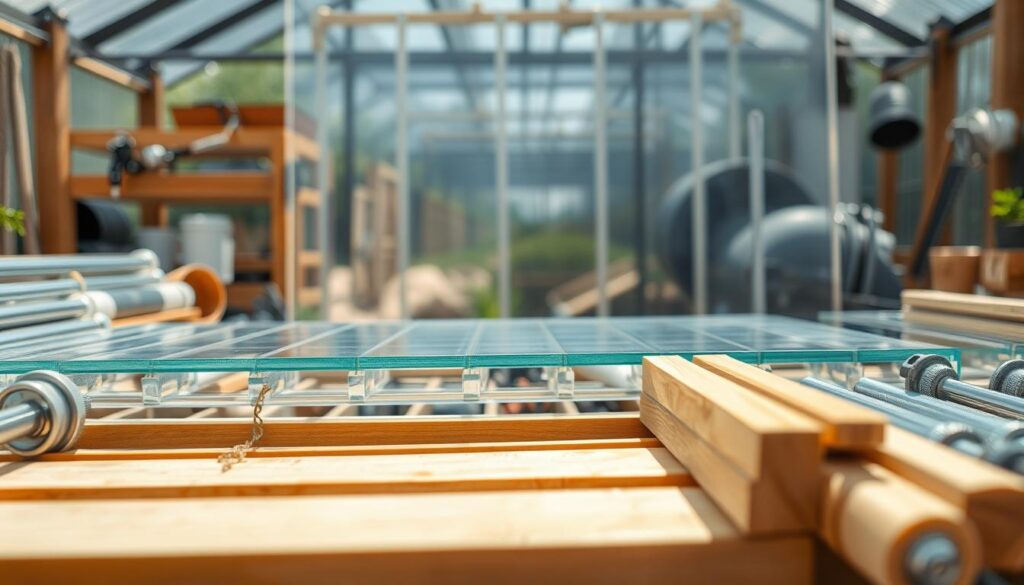 A well-lit, close-up still life composition featuring an assortment of greenhouse building materials. In the foreground, a mix of wooden beams, metal connectors, and fasteners arranged neatly. In the middle ground, transparent acrylic or polycarbonate panels, capturing the play of light and shadows. In the background, a blurred view of additional hardware like vents, hinges, and other greenhouse accessories. The lighting is soft, natural, and highlights the textures and details of the materials. The overall mood is one of precision, functionality, and the promise of a thriving greenhouse structure. A well-lit, close-up still life composition featuring an assortment of greenhouse building materials. In the foreground, a mix of wooden beams, metal connectors, and fasteners arranged neatly. In the middle ground, transparent acrylic or polycarbonate panels, capturing the play of light and shadows. In the background, a blurred view of additional hardware like vents, hinges, and other greenhouse accessories. The lighting is soft, natural, and highlights the textures and details of the materials. The overall mood is one of precision, functionality, and the promise of a thriving greenhouse structure.