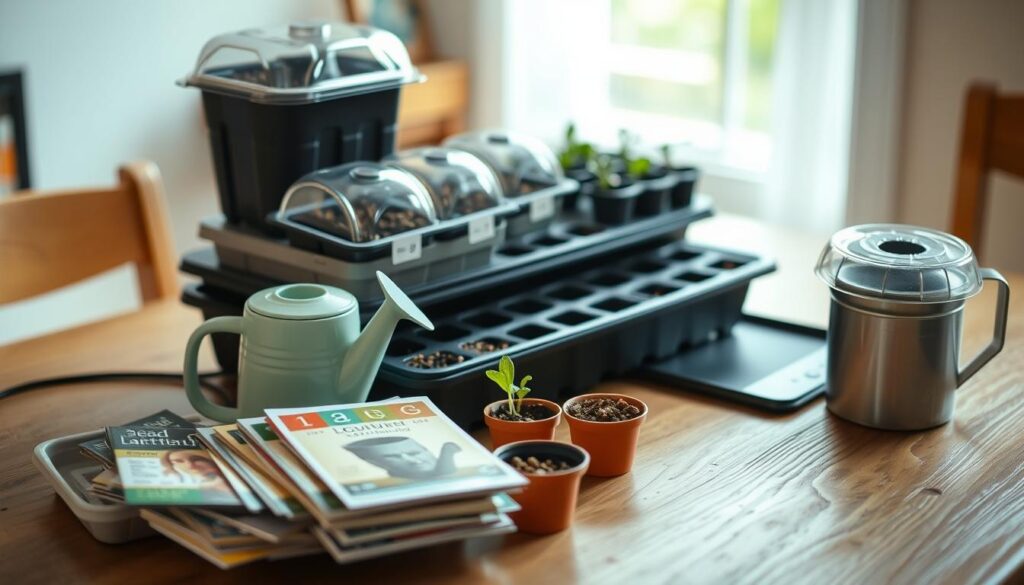 A well-lit, close-up view of a DIY seed starting station on a wooden table, with a selection of seed packets, small pots, and a watering can in the foreground. The station features a neatly organized array of seedling trays, domed lids, and a heat mat, all in a clean, minimalist design. The background is slightly blurred, with a hint of natural light filtering in through a window, creating a warm, inviting atmosphere. The overall composition emphasizes the attention to detail and thoughtful organization of the homemade seed-starting setup. A well-lit, close-up view of a DIY seed starting station on a wooden table, with a selection of seed packets, small pots, and a watering can in the foreground. The station features a neatly organized array of seedling trays, domed lids, and a heat mat, all in a clean, minimalist design. The background is slightly blurred, with a hint of natural light filtering in through a window, creating a warm, inviting atmosphere. The overall composition emphasizes the attention to detail and thoughtful organization of the homemade seed-starting setup.