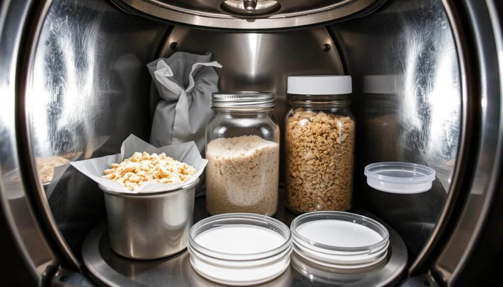 A well-lit, close-up view of a stainless steel pressure cooker or autoclave, filled with various sterilized substrates such as grain spawn bags, jars of vermiculite-based media, and petri dishes. The surfaces have a clean, clinical appearance, and the lighting casts sharp shadows to highlight the textures and materials. The overall scene conveys a sense of order, precision, and scientific process, suitable for illustrating the "Sterilization and Pasteurization Methods" section of a mushroom cultivation guide. A well-lit, close-up view of a stainless steel pressure cooker or autoclave, filled with various sterilized substrates such as grain spawn bags, jars of vermiculite-based media, and petri dishes. The surfaces have a clean, clinical appearance, and the lighting casts sharp shadows to highlight the textures and materials. The overall scene conveys a sense of order, precision, and scientific process, suitable for illustrating the "Sterilization and Pasteurization Methods" section of a mushroom cultivation guide.