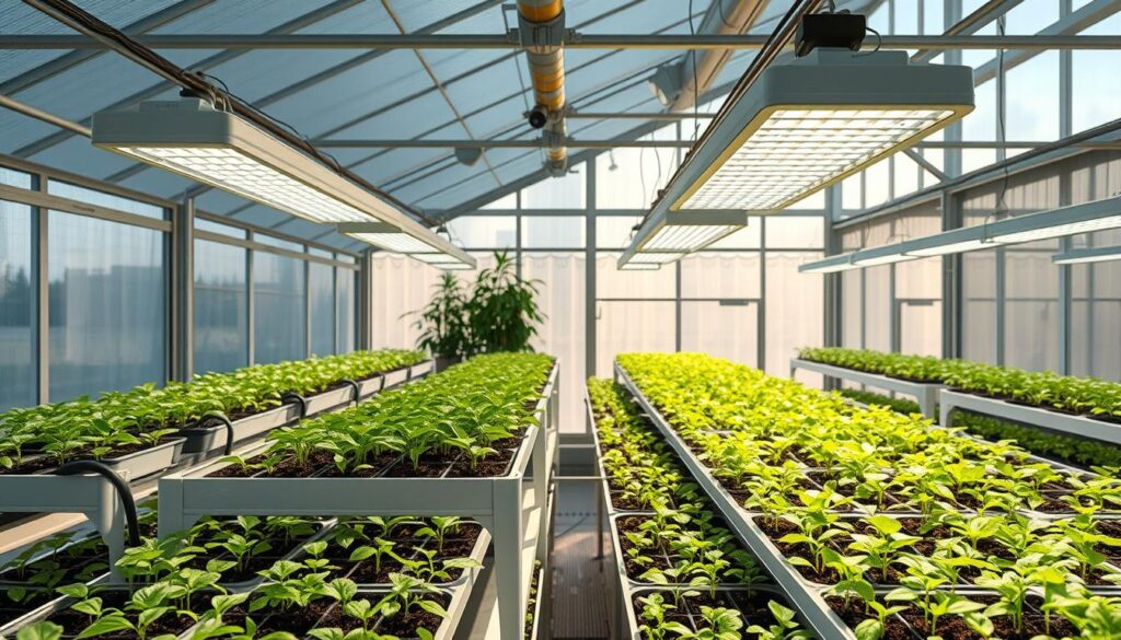 A well-lit greenhouse interior, soft natural illumination filtering through large windows, casting a warm, diffused glow over a series of tiered shelving units housing a variety of young seedlings. Delicate leaves and stems basking in the gentle, even spectrum of specialized grow lights suspended overhead, their adjustable angles and intensities optimized for the needs of the diverse plant life. The crisp, clean atmosphere permeated with the verdant scent of healthy foliage, creating an inviting, nurturing environment for the early stages of plant growth.