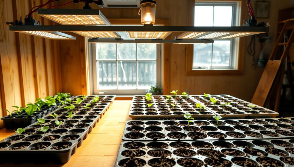 A well-lit, high-angle view of a comprehensive seed starting setup. In the foreground, a sturdy, wooden workbench with trays of soil-filled seedling containers. In the middle ground, a series of full-spectrum LED grow lights mounted above, casting an even, warm glow. In the background, a window allows natural sunlight to filter in, complementing the artificial lighting. The overall scene conveys a sense of order, efficiency, and a passion for cultivating new life, perfect for an article on building an affordable, high-performance seed starting station.