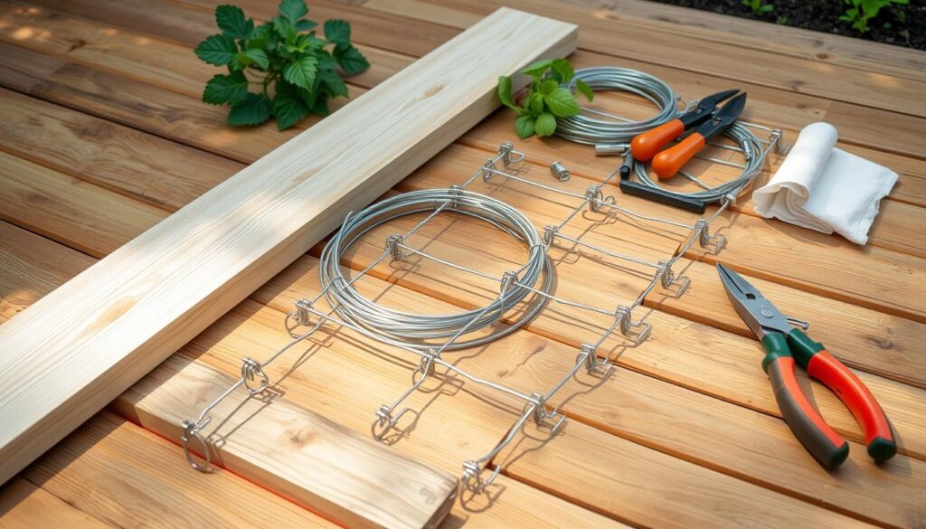 A well-lit, high-resolution photograph of a set of DIY trellis-building materials laid out on a wooden surface, including treated lumber, galvanized wire, metal connectors, and gardening tools. The items are arranged in an organized, step-by-step layout, suggesting the process of constructing a sturdy trellis structure for greenhouse vines. The lighting is natural and warm, emphasizing the textures and colors of the materials. The angle is slightly elevated, providing a clear view of the components and their relationship to one another. An atmosphere of practical DIY inspiration and attention to detail pervades the scene. A well-lit, high-resolution photograph of a set of DIY trellis-building materials laid out on a wooden surface, including treated lumber, galvanized wire, metal connectors, and gardening tools. The items are arranged in an organized, step-by-step layout, suggesting the process of constructing a sturdy trellis structure for greenhouse vines. The lighting is natural and warm, emphasizing the textures and colors of the materials. The angle is slightly elevated, providing a clear view of the components and their relationship to one another. An atmosphere of practical DIY inspiration and attention to detail pervades the scene.