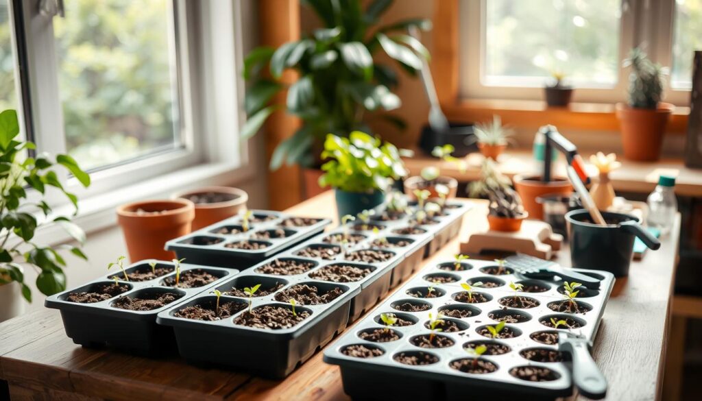 A well-lit indoor scene of a small home gardening setup for seed starting. On a wooden table, there are several small seed trays filled with soil, each holding various types of seeds just beginning to sprout. Beside the trays, there are a few small potted plants and gardening tools like trowels and spray bottles. The background features a large window allowing natural light to pour in, with lush green houseplants visible beyond. The overall atmosphere is calm, serene, and focused on the process of carefully nurturing new life from humble seeds. A well-lit indoor scene of a small home gardening setup for seed starting. On a wooden table, there are several small seed trays filled with soil, each holding various types of seeds just beginning to sprout. Beside the trays, there are a few small potted plants and gardening tools like trowels and spray bottles. The background features a large window allowing natural light to pour in, with lush green houseplants visible beyond. The overall atmosphere is calm, serene, and focused on the process of carefully nurturing new life from humble seeds.