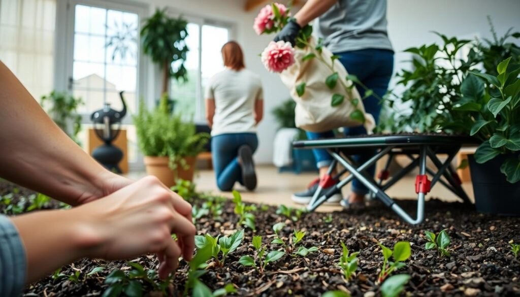 A well-lit indoor scene showcasing various gardening techniques. In the foreground, a person's hands carefully weeding a garden bed, demonstrating proper form and posture. Behind them, another person kneels on a combination kneeler and seat, their back straight as they prune a flowering plant. In the background, a person lifts a bag of soil, using their legs to support the weight. The overall scene conveys an atmosphere of focus, efficiency, and ergonomic awareness, highlighting the importance of technique in pain-free gardening.
