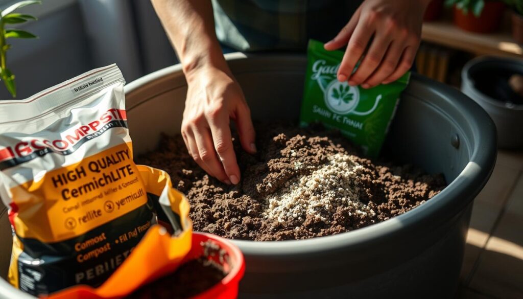 A well-lit indoor scene with a gardener's hands mixing and moistening a fresh potting soil blend in a large tub or container. Bags of high-quality compost, perlite, and vermiculite are neatly arranged in the foreground. Soft, directional lighting from the side casts natural shadows, highlighting the texture and consistency of the moist soil as it is thoroughly combined. The background is blurred, placing the focus entirely on the hands-on process of preparing the ideal growing medium for herbs and other plants. The overall mood is one of care, attention to detail, and the joy of gardening. A well-lit indoor scene with a gardener's hands mixing and moistening a fresh potting soil blend in a large tub or container. Bags of high-quality compost, perlite, and vermiculite are neatly arranged in the foreground. Soft, directional lighting from the side casts natural shadows, highlighting the texture and consistency of the moist soil as it is thoroughly combined. The background is blurred, placing the focus entirely on the hands-on process of preparing the ideal growing medium for herbs and other plants. The overall mood is one of care, attention to detail, and the joy of gardening.