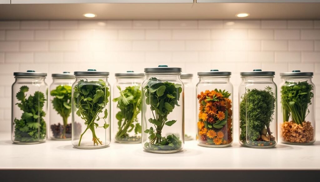 A well-lit kitchen counter showcases an array of sleek, modern herb storage jars. The jars are made of clear glass, allowing the vibrant colors of the herbs to shine through. The lids are airtight, designed with a simple yet sophisticated silhouette to preserve the herbs' freshness and potency. Soft, diffused lighting from above casts a warm glow, accentuating the textures and tones of the herbs within. The jars are arranged in a visually appealing, symmetrical layout, creating a sense of order and organization. In the background, a minimalist, white-tiled wall provides a clean, uncluttered backdrop, letting the hero products take center stage. The overall scene conveys a sense of functionality, elegance, and attention to detail - the perfect illustration of "smart storage to keep herbs potent for months".