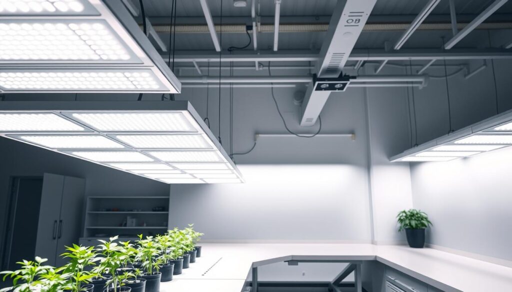 A well-lit laboratory interior with a row of advanced LED grow lights suspended from the ceiling, illuminating a series of potted seedlings arranged on a clean, minimalist workbench. The lights emit a soft, even glow, casting long shadows on the bench and creating a serene, scientific atmosphere. The seedlings, meticulously arranged, are thriving under the precise, controlled lighting, showcasing the effectiveness of the LED technology. The camera angle is slightly elevated, capturing the entire setup in a clean, professional manner, highlighting the technical nature of the scene. A well-lit laboratory interior with a row of advanced LED grow lights suspended from the ceiling, illuminating a series of potted seedlings arranged on a clean, minimalist workbench. The lights emit a soft, even glow, casting long shadows on the bench and creating a serene, scientific atmosphere. The seedlings, meticulously arranged, are thriving under the precise, controlled lighting, showcasing the effectiveness of the LED technology. The camera angle is slightly elevated, capturing the entire setup in a clean, professional manner, highlighting the technical nature of the scene.