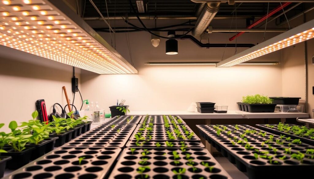 A well-lit, meticulously organized workbench showcasing a cost-effective, energy-efficient LED lighting system. In the foreground, a sleek, minimalist array of warm-toned LEDs casts a soft, inviting glow over the workspace. The middle ground features an array of seedling trays, neatly arranged, with the lighting system seamlessly integrated to provide optimal illumination. In the background, a clean, clutter-free wall serves as a neutral backdrop, allowing the lighting and workspace to take center stage. The overall mood is one of efficiency, practicality, and cost-consciousness, perfectly aligning with the article's subject and section title.