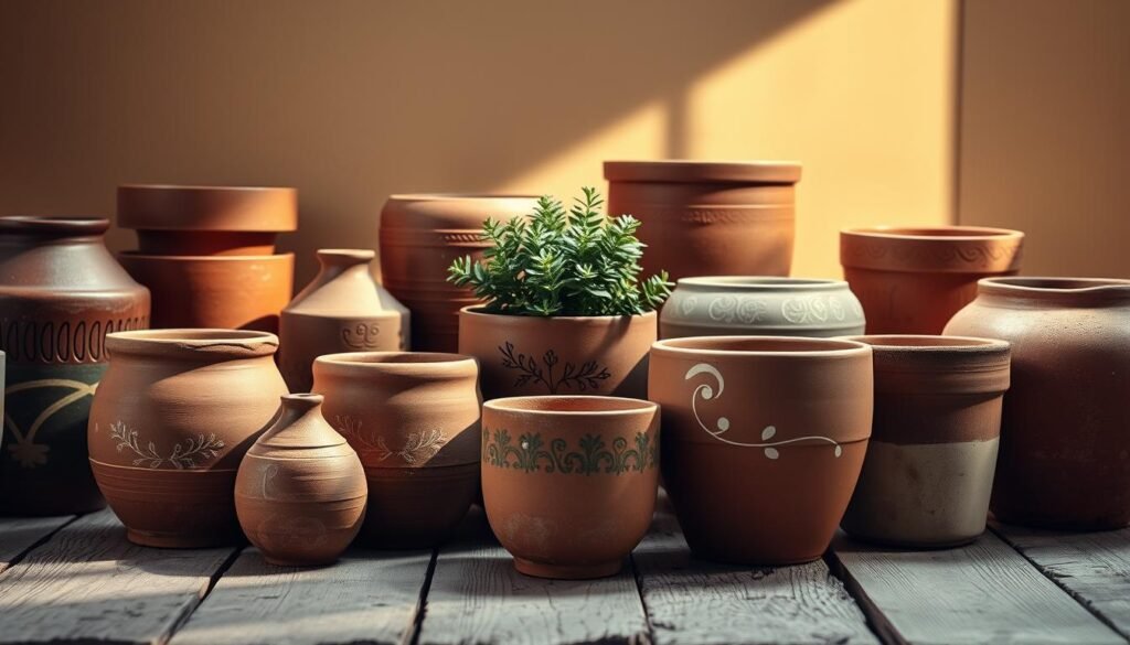 A well-lit, rustic still life scene featuring an assortment of terracotta and ceramic pots in various shapes and sizes, arranged on a weathered wooden surface. The pots have a natural, earthy appearance, some adorned with minimal yet elegant patterns. Warm, directional lighting casts soft shadows, creating depth and a cozy, inviting atmosphere. The pots are the focal point, surrounded by a simple, uncluttered background that allows them to shine. The composition is balanced and visually pleasing, showcasing the pots as the perfect vessels for growing bountiful container gardens. A well-lit, rustic still life scene featuring an assortment of terracotta and ceramic pots in various shapes and sizes, arranged on a weathered wooden surface. The pots have a natural, earthy appearance, some adorned with minimal yet elegant patterns. Warm, directional lighting casts soft shadows, creating depth and a cozy, inviting atmosphere. The pots are the focal point, surrounded by a simple, uncluttered background that allows them to shine. The composition is balanced and visually pleasing, showcasing the pots as the perfect vessels for growing bountiful container gardens.
