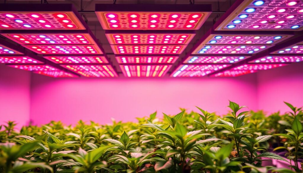 A well-lit scene showcasing an array of sleek, high-performance LED grow lights. The lights are arranged in a symmetrical grid, their vibrant red, blue, and white diodes emitting a soft, uniform glow that bathes the foreground in a warm, nurturing light. In the middle ground, lush green seedlings and young plants thrive beneath the carefully calibrated spectrum, their leaves gently swaying. The background fades into a clean, minimalist setting, allowing the grow lights to take center stage as the focal point. The overall composition conveys a sense of scientific precision and technological innovation, perfectly suited for the best grow lights for seedlings in 2025. A well-lit scene showcasing an array of sleek, high-performance LED grow lights. The lights are arranged in a symmetrical grid, their vibrant red, blue, and white diodes emitting a soft, uniform glow that bathes the foreground in a warm, nurturing light. In the middle ground, lush green seedlings and young plants thrive beneath the carefully calibrated spectrum, their leaves gently swaying. The background fades into a clean, minimalist setting, allowing the grow lights to take center stage as the focal point. The overall composition conveys a sense of scientific precision and technological innovation, perfectly suited for the best grow lights for seedlings in 2025.