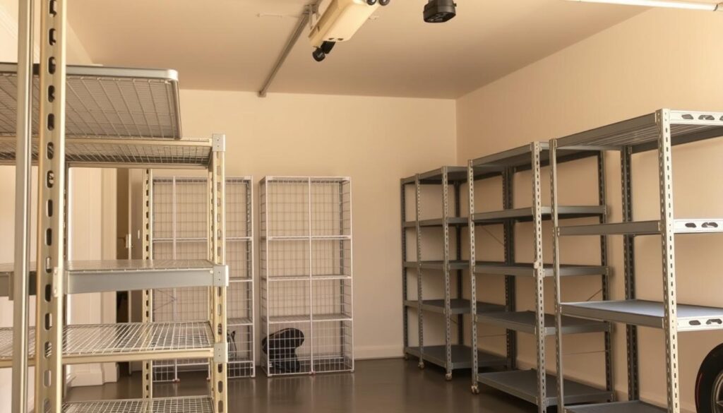 A well-lit, spacious garage interior with an assortment of high-quality shelving units lining the walls. In the foreground, a sturdy metal shelving rack with adjustable shelves, capable of holding heavy loads. In the middle ground, modular wire shelving units in a clean white finish, providing ample storage space. In the background, a row of heavy-duty industrial-style metal shelves, their sturdy frames and thick metal shelves suggesting excellent weight capacity. Warm, natural lighting illuminates the scene, creating a welcoming and organized atmosphere, perfect for storing and accessing a variety of items in a small garage or shed. A well-lit, spacious garage interior with an assortment of high-quality shelving units lining the walls. In the foreground, a sturdy metal shelving rack with adjustable shelves, capable of holding heavy loads. In the middle ground, modular wire shelving units in a clean white finish, providing ample storage space. In the background, a row of heavy-duty industrial-style metal shelves, their sturdy frames and thick metal shelves suggesting excellent weight capacity. Warm, natural lighting illuminates the scene, creating a welcoming and organized atmosphere, perfect for storing and accessing a variety of items in a small garage or shed.