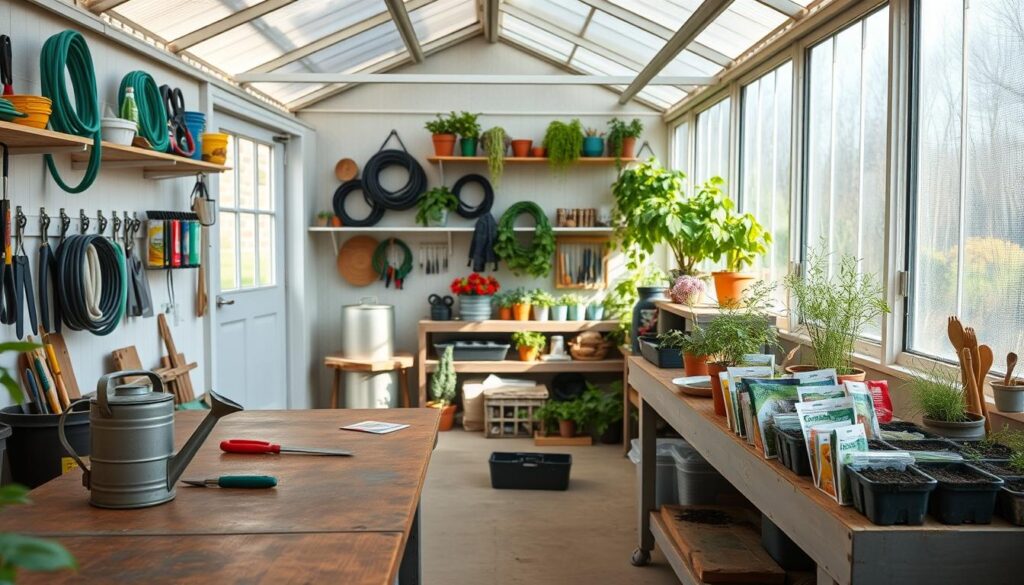A well-lit, spacious greenhouse interior with a focus on the practical utility elements. In the foreground, a sturdy worktable with various gardening tools and a watering can. The middle ground features a potting bench with neatly organized pots, soil, and seed packets. In the background, a large window lets in natural light, illuminating the greenhouse's interior. On the walls, shelves hold an array of gardening supplies, from hoses to pruners. The atmosphere is one of organized efficiency, catering to the everyday needs of a thriving greenhouse environment. A well-lit, spacious greenhouse interior with a focus on the practical utility elements. In the foreground, a sturdy worktable with various gardening tools and a watering can. The middle ground features a potting bench with neatly organized pots, soil, and seed packets. In the background, a large window lets in natural light, illuminating the greenhouse's interior. On the walls, shelves hold an array of gardening supplies, from hoses to pruners. The atmosphere is one of organized efficiency, catering to the everyday needs of a thriving greenhouse environment.