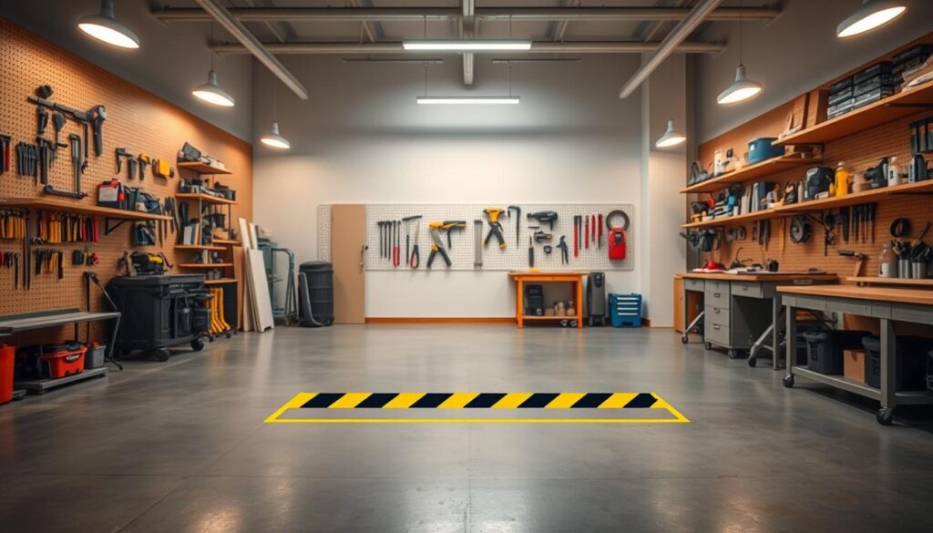 A well-lit, spacious workshop with a designated safety area at the center. The floor is a clean, smooth concrete surface, while the walls are lined with pegboards and shelves displaying a variety of tools and supplies. Soft, diffused lighting from overhead fixtures casts a warm, inviting glow, creating an atmosphere of order and organization. In the foreground, a clear, demarcated zone with yellow and black striped hazard tape outlines the safety area, signaling a space for responsible tool maintenance and cleaning. Nearby, a sturdy workbench provides ample surface area for sorting and disinfecting. The overall scene conveys a sense of intentionality, safety, and preparedness. A well-lit, spacious workshop with a designated safety area at the center. The floor is a clean, smooth concrete surface, while the walls are lined with pegboards and shelves displaying a variety of tools and supplies. Soft, diffused lighting from overhead fixtures casts a warm, inviting glow, creating an atmosphere of order and organization. In the foreground, a clear, demarcated zone with yellow and black striped hazard tape outlines the safety area, signaling a space for responsible tool maintenance and cleaning. Nearby, a sturdy workbench provides ample surface area for sorting and disinfecting. The overall scene conveys a sense of intentionality, safety, and preparedness.