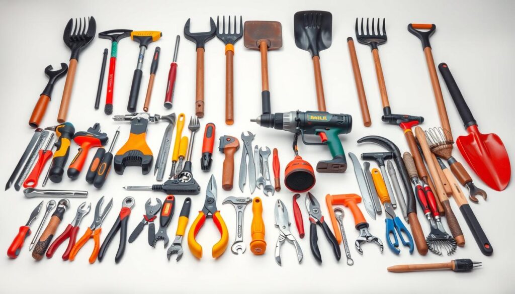 A well-lit studio shot of an assortment of common household and gardening tools neatly organized by type on a clean white background. In the foreground, a selection of hand tools like screwdrivers, pliers, and wrenches. In the middle ground, power tools such as drills, sanders, and saws. In the background, larger garden tools like shovels, rakes, and hoes. The lighting is soft and even, highlighting the textures and details of each tool. The overall composition is clean, symmetrical, and visually striking, emphasizing the variety and utility of the tools. A well-lit studio shot of an assortment of common household and gardening tools neatly organized by type on a clean white background. In the foreground, a selection of hand tools like screwdrivers, pliers, and wrenches. In the middle ground, power tools such as drills, sanders, and saws. In the background, larger garden tools like shovels, rakes, and hoes. The lighting is soft and even, highlighting the textures and details of each tool. The overall composition is clean, symmetrical, and visually striking, emphasizing the variety and utility of the tools.