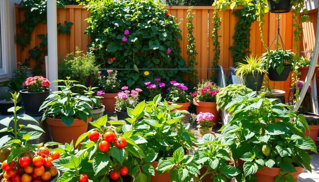 A well-lit, sun-drenched patio showcasing a vibrant container garden. In the foreground, a mix of thriving bush tomato plants, compact zucchini, and leafy greens spill over the edges of a variety of planters, pots, and hanging baskets. The middle ground features a combination of colorful flowering annuals and trailing vines, creating a lush, cascading effect. Towering behind, a backdrop of verdant foliage and warm, wooden fencing adds depth and a sense of enclosure, accentuating the cozy, intimate feel of the scene. The lighting is soft yet directional, casting gentle shadows and highlighting the texture and vibrancy of the produce and flowers. An overall atmosphere of abundance, productivity, and the joys of urban gardening. A well-lit, sun-drenched patio showcasing a vibrant container garden. In the foreground, a mix of thriving bush tomato plants, compact zucchini, and leafy greens spill over the edges of a variety of planters, pots, and hanging baskets. The middle ground features a combination of colorful flowering annuals and trailing vines, creating a lush, cascading effect. Towering behind, a backdrop of verdant foliage and warm, wooden fencing adds depth and a sense of enclosure, accentuating the cozy, intimate feel of the scene. The lighting is soft yet directional, casting gentle shadows and highlighting the texture and vibrancy of the produce and flowers. An overall atmosphere of abundance, productivity, and the joys of urban gardening.