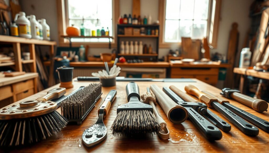 A well-lit workshop interior, with a wooden workbench in the foreground. Various carpentry and gardening tools are neatly arranged on the bench, including wire brushes, steel wool pads, and cleaning rags. The tools are in the process of being cleaned and disinfected, with droplets of water and cleaning solution glistening on their surfaces. The middle ground features shelves stocked with jars of lubricating oils and disinfectants. In the background, a large window allows natural light to flood the space, creating a warm and inviting atmosphere. The overall scene conveys a sense of organization, care, and preparation for the upcoming season. A well-lit workshop interior, with a wooden workbench in the foreground. Various carpentry and gardening tools are neatly arranged on the bench, including wire brushes, steel wool pads, and cleaning rags. The tools are in the process of being cleaned and disinfected, with droplets of water and cleaning solution glistening on their surfaces. The middle ground features shelves stocked with jars of lubricating oils and disinfectants. In the background, a large window allows natural light to flood the space, creating a warm and inviting atmosphere. The overall scene conveys a sense of organization, care, and preparation for the upcoming season.